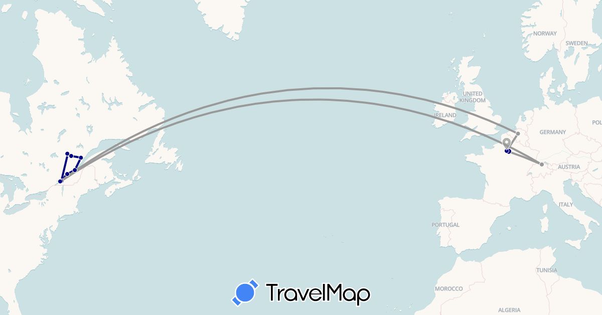 TravelMap itinerary: driving, plane in Belgium, Canada, Switzerland, France (Europe, North America)
